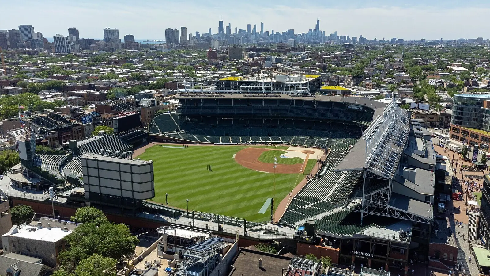 Wrigley Field from above, with the Chicago skyline
